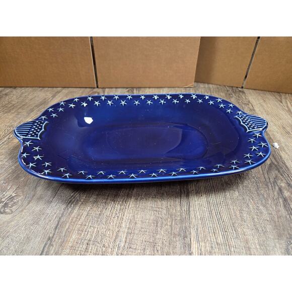 Longaberger Pottery Woven Traditions Navy Blue American Eagle Platter Plate 16" - Picture 1 of 4